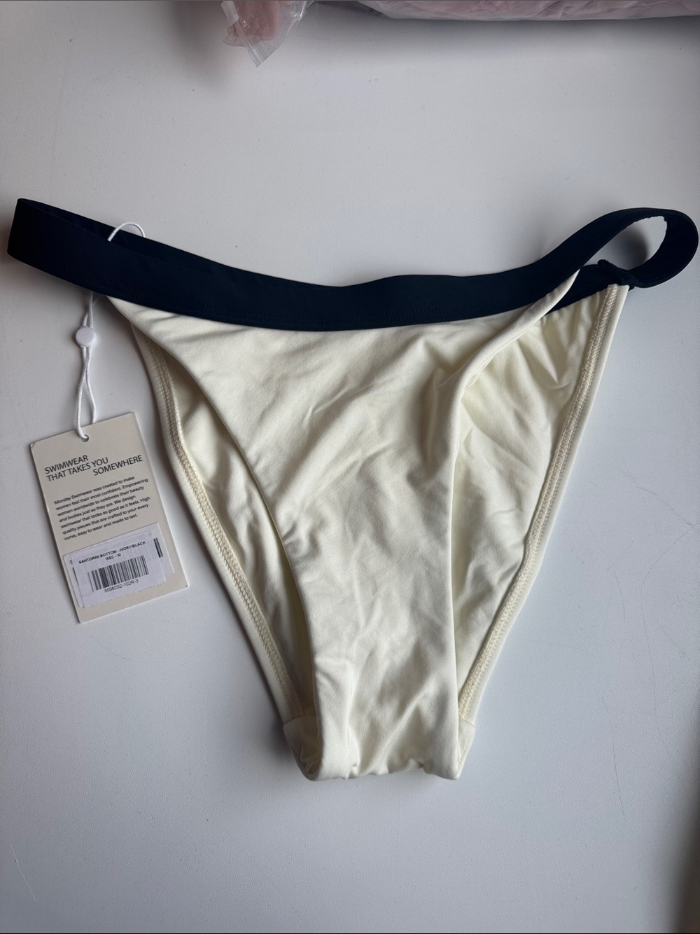 NWT Monday Swimwear Cream Bikini Bottom with Black Waistband